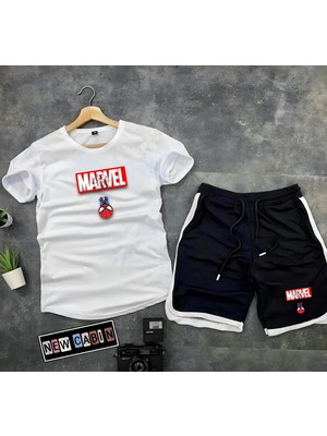 Risil-Nu Company Yeni Sezon Trend Marvel Baskılı Slim Fit Oval Kesim Tshirt-  Interlok Kumaş Şort 2'li