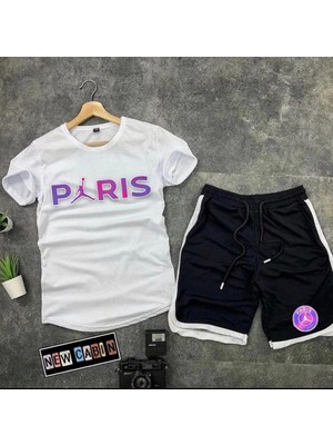 Risil-Nu Company Yeni Sezon Trend Paris Baskılı Slim Fit Oval Kesim Tshirt- Polyester Interlok Kumaş Şort 2'li