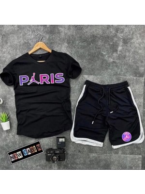 Risil-Nu Company Yeni Sezon Trend Paris Baskılı Slim Fit Oval Kesim Tshirt- Polyester Interlok Kumaş Şort 2'li