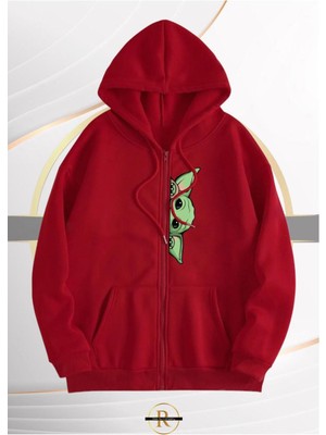 Risil-Nu Company Yeni Sezon Tam Fermuarlı Pamuklu Içi Şardonlu "baby Yoda" Baskılı Kapüşonlu Cepli Sweat Ceket