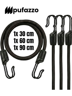 Pufazzo Kancalı Bagaj Lastiği - Bagaj Gergi Lastiği, Motorsiklet Bisiklet Sabitleme Lastiği, Paslanmaz Çelik Çift Kanca - (30-60-90CM 3 Adet Siyah)