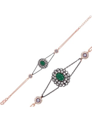 Bazarhane Gümüş Rose Mat Yeşil Taşlı Otantik Bayan Bileklik