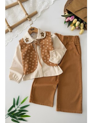 Miniğimin Cicileri Yelekli Çiçek Işleme Detaylı Kız Çocuk 3 Lü Gabardin  Takım - Kahverengi