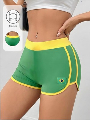 Risil-Nu Company Yeni Sezon Kadın Yeşil Sarı Brazil Baskılı Penye Mini Şort