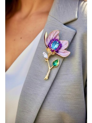 Rachel Silver Incili Altın Renk Kristal Taşlı Mineli Lilyum Çiçek Broş