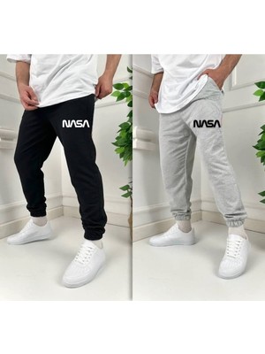 Risil-Nu Company Yeni Sezon Yazlık Nasa Baskılı Siyah-Gri Jogger Paça Slim Fit Eşofman Altı 2'li