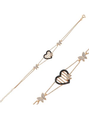 Bazarhane Gümüş Rose Kalpli Kelebek Bayan Bileklik