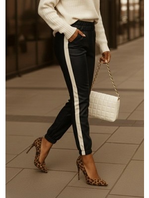 Marsilyan- Kadın Yüksek Bel Lastikli Yan Şerit Detaylı Deri Pantolon
