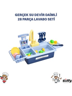 Giffy Oyuncak Gerçek Su Akan Mutfak Lavabo Seti | 28 Parça Aksesuarlı | Pilli Su Devir Daimli Pembe ve Mavi