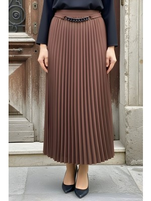 İmaj Butik Kahverengi Bel Zincir Detaylı Piliseli Etek