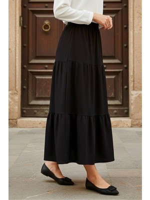 İmaj Butik Siyah Eteği Katlı Bel Lastikli Bürümcük Etek
