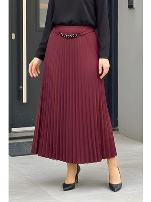 İmaj Butik Bordo Bel Zincir Detaylı Piliseli Etek