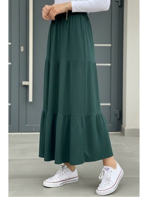 İmaj Butik Zümrüt Yeşili Eteği Katlı Bel Lastikli Bürümcük Etek