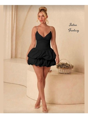 Intive Lingerie Intive Eteği Kabartmalı Balon Kesim Ince Askılı V Yaka Mini Gecelik/elbise