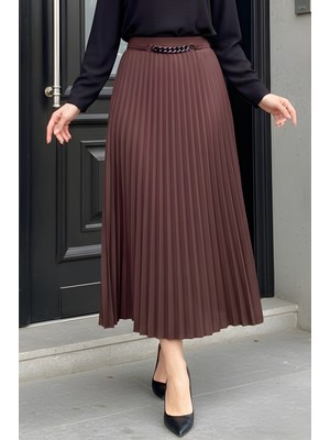 İmaj Butik Acı Kahve Bel Zincir Detaylı Piliseli Etek