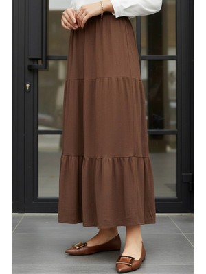 İmaj Butik Kahverengi Eteği Katlı Bel Lastikli Bürümcük Etek