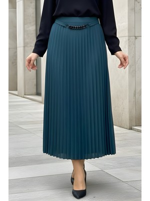 İmaj Butik Petrol Yeşili Bel Zincir Detaylı Piliseli Etek