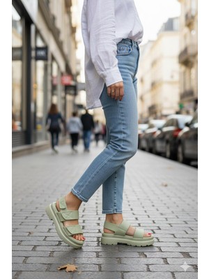 Shoemix Kadın Yeşil Cırt Cırtlı Kalın Tabanlı Casual Sandalet Günlük Konforlu Yazlık Ayakkabı