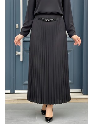 İmaj Butik Siyah Bel Zincir Detaylı Piliseli Etek