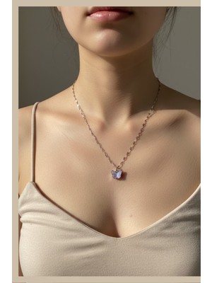 Norayn Kadın Paslanmaz Çelik Sedefli Kelebek Kolye - Gümüş Rengi Figürlü Ezme Zincir