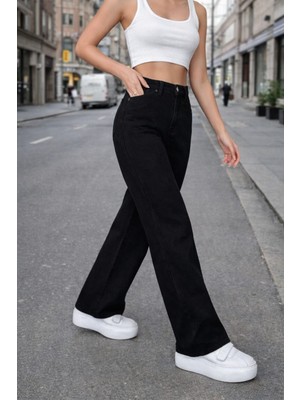 Lorda Giyim Kadın Siyah Baggy Pantalon Şık Likralı Yuksek Bel Fermuarlı