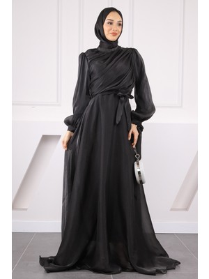 İmaj Butik Siyah Balon Kol Önü Drapeli Şifon Abiye
