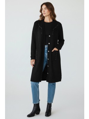 Ece Giyim Kadın Önü Düğmeli Cepli Yanlardan Yırtmaçsız Merserize Hırka