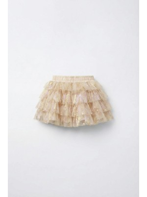 Magu Kız Çocuk Pamuklu Astarlı Ekru Simli Tül Etek