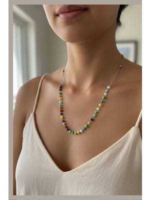 Norayn Kadın Paslanmaz Çelik Renkli Küp Boncuklu Kolye - Gümüş Rengi Minimalist Zincir