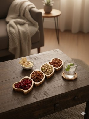 Tasarım Evi 4 Bölmeli Kalp Formlu Doğal Ahşap Çerezlik