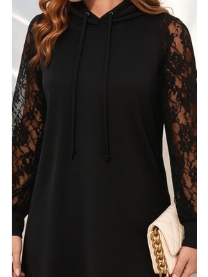 Serac Collection Kadın Uzun Kollu Kolları Dantel Detaylı Kapşonlu Bağcıklı Kısa Viskon Iki Iplik Elbise
