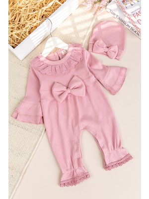 Babymod Fistolu ve Şapkalı Şık 100%PAMUK Kız Bebek Tulum Takımı