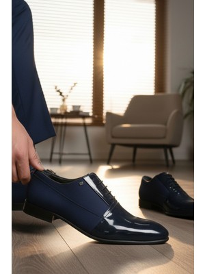 Enoch Hakiki Deri Lacivert Aynalı Rugan ve Mikrofiber Dokulu Oxford Erkek Klasik Ayakkabı