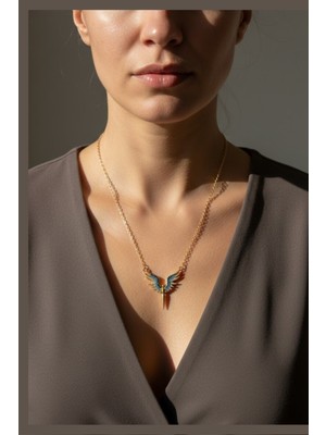 Norayn Kadın Mikail Meleği Gold Kolye - Zirkon ve Turkuaz Taşlı Tasarım