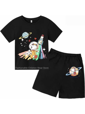 Punix Kids Punıx Kids Özel Seri Astronot Snopy Baskılı %100 Pamuk Ultra Rahat Erkek Çocuk Nasa T-Shırt  Şort  Takımı