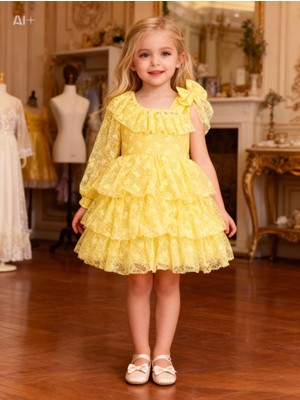 Lunas Tekstil Tek Kollu Kelebekli  Puantiyeli Elbise- Mezuniyet-Dogum Günü ve Kutlama Elbise