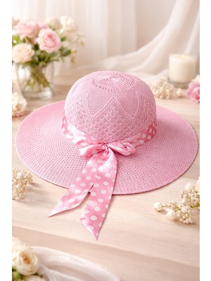 Reva Puantiyeli Kurdele Detaylı Pembe Yazlık Hasır Şapka