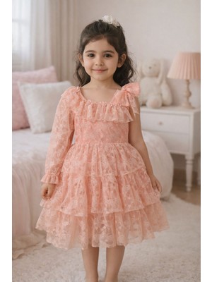 Lunas Tekstil Tek Kollu Kelebekli  Puantiyeli Elbise- Mezuniyet-Dogum Günü ve Kutlama Elbise