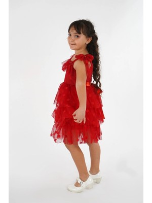 Lunas Tekstil Tek Kollu Kelebekli  Puantiyeli Elbise- Mezuniyet-Dogum Günü ve Kutlama Elbise