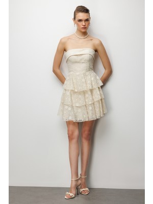 Ekol Eteği Katlı Mini Straplez Elbise 6022