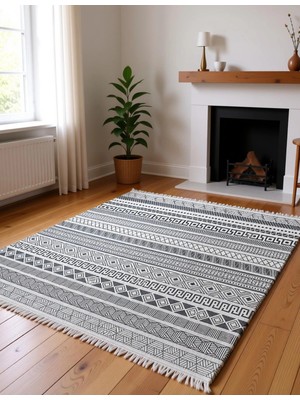 Gri Renk Etnik Desen Modern Halı Dekoratif Kilim