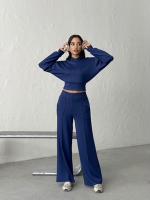 Bejna Kadın Modal Dokulu Kapüşonlu Üst Geniş Paça Pantolon Alt Üst Yumuşak Spor Takım