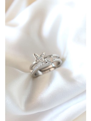 Shoplet Buğz Zirkon Taşlı Gümüş Kaplama Kelebekli Kadın Yüzük