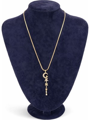 Pangu Zirkon Taşlı Ay Yıldız Figürlü Altın Renk Uzun Çelik Kolye