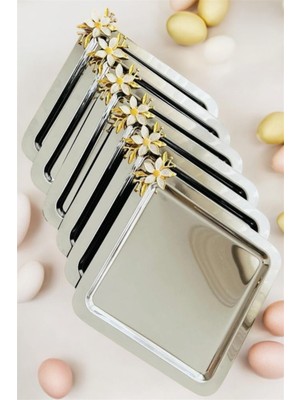 Ahir Ticaret 6 Adet Papatya Aksesuarlı Kare Sunum ve Kahve Tepsisi