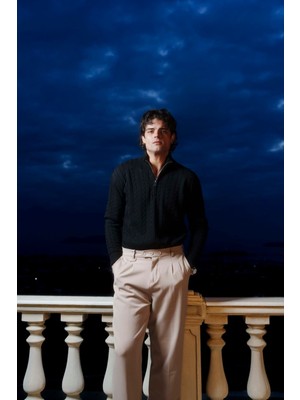 Erkek Yarım Fermuarlı Saç Örgü Desenli Kazak