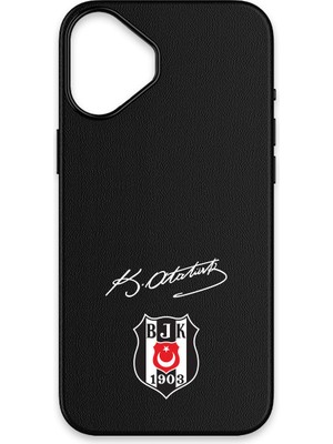 iPhone 16 Uyumlu Beşiktaş Arma Atatürk Imza Deri Magsafe Lisanslı Telefon Kılıfı