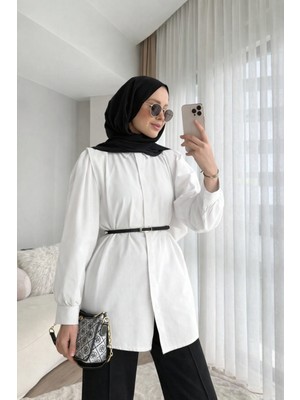 RFK Butik Kadın Omuz Volanlı Gizli Düğmeli Bel Kemerli Gömlek - Beyaz