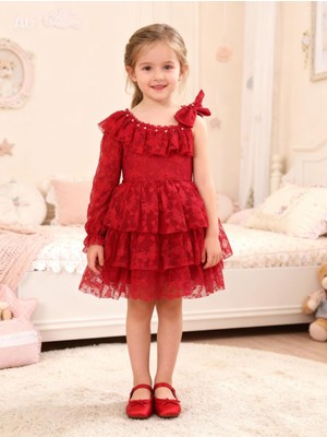 Lunas Tekstil Tek Kollu Kelebekli  Puantiyeli Elbise- Mezuniyet-Dogum Günü ve Kutlama Elbise