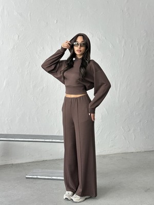 Bejna Kadın Modal Dokulu Kapüşonlu Üst Geniş Paça Pantolon Alt Üst Yumuşak Spor Takım